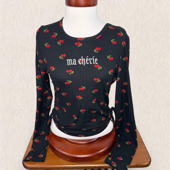 Y2K Rue21 Cherry Print “Ma Chérie” Ruched Long Sleeve Top Size M Grunge Punk‎ - Picture 1 of 8